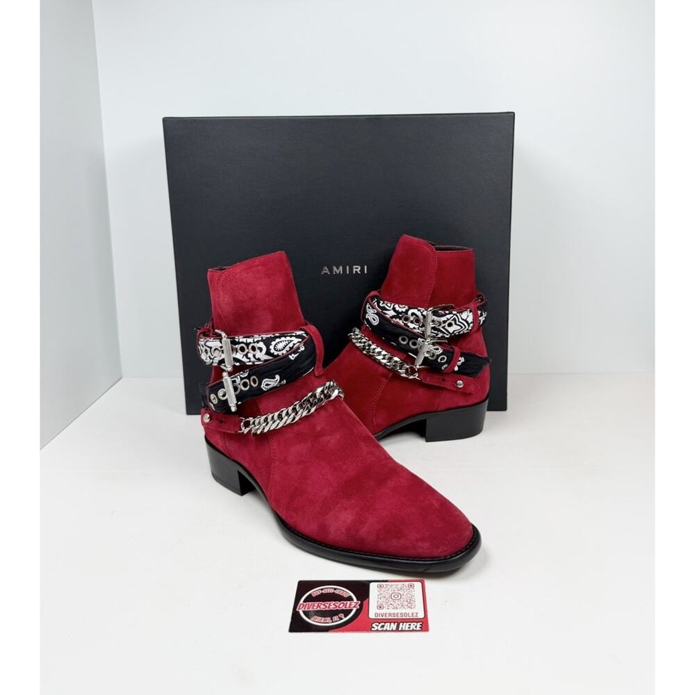 Size 7.5US - Amiri Chain Link Bandana Boots Merlot Red Suede❤️ NEW/RETAIL $1.4K!